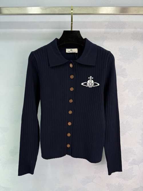 Vivienne Westhood Deep Blue Vertical Striped Knit Cardigan with Saturn Embroidery