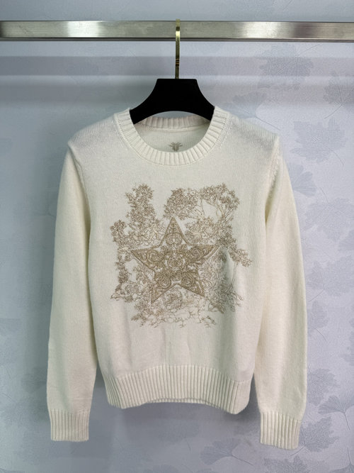 Dior Cashmere Sweater in Cream White with Gold Star Embroidery