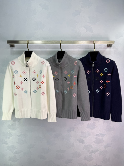 Louis Vuitton Soft Knitted Cardigan with Colorful Geometric Pattern, Zipper Design for Sophisticated Style