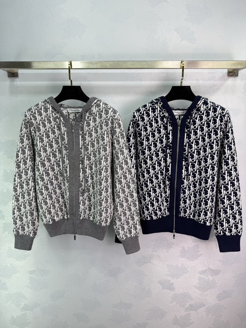 Dior Classic Monogram Wool Hooded Jacket, Zipper Design with Ribbed Cuffs for Comfort