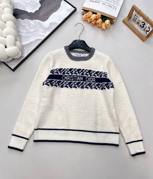 Dior Wool Knit Sweater with Blue Geometric Pattern and Logo