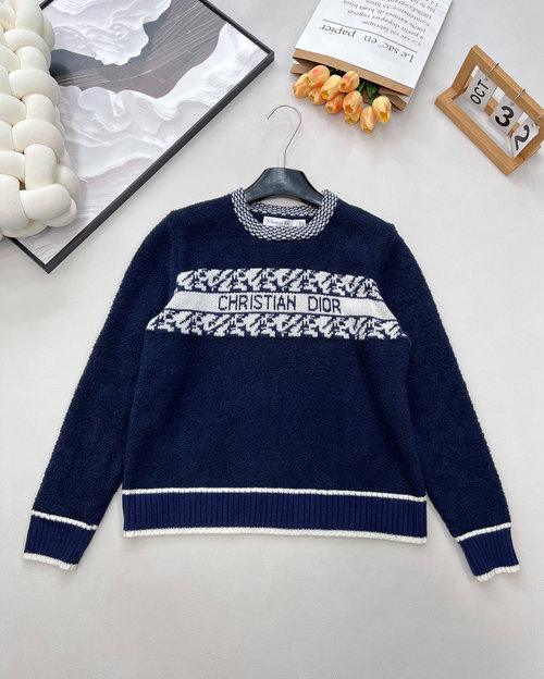 Dior Wool Knit Sweater with Blue Geometric Pattern and Logo