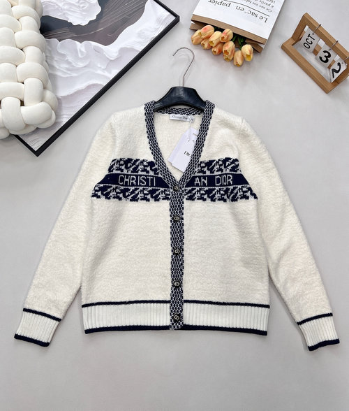 Dior Soft V-Neck Knit Cardigan with Color Blocking and Jacquard