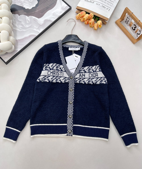 Dior Soft V-Neck Knit Cardigan with Color Blocking and Jacquard