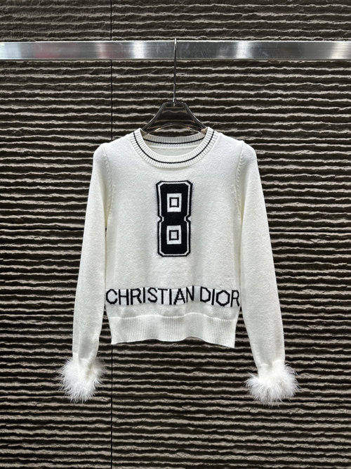 Dior Jacquard Letter Sleeve Spliced Real Fur Pullover Sweater