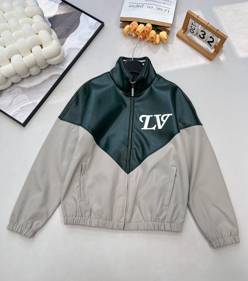 Louis Vuitton Customized Two-tone Leather Jacket with V-shaped Outline and Logo