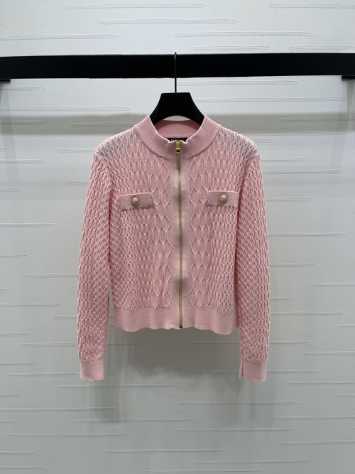 Balmain Textured Knit Cardigan with Metal Zipper in Classic White