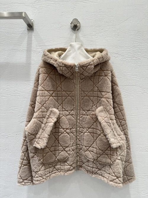 Dior Exquisite Tartan Pattern Faux Fur Coat with Hood