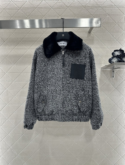 Loewe Custom Imported Woolen Coat with Fur Collar and Leather Logo