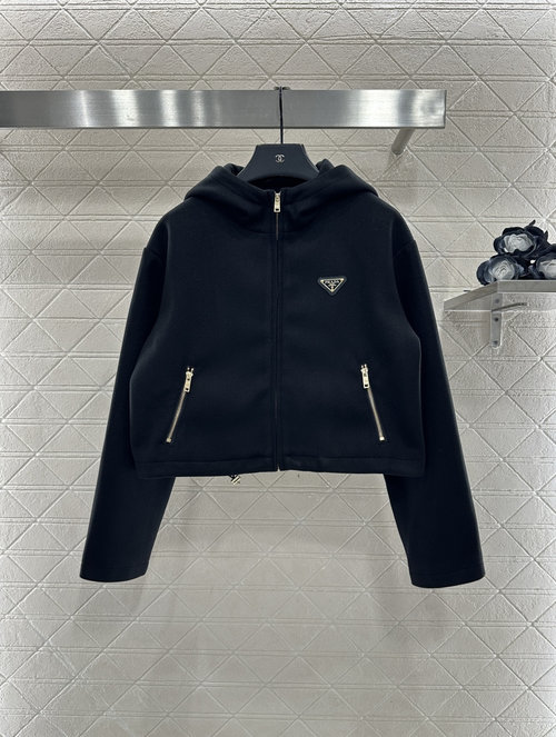 Prada Hooded Woolen Zipper Coat with Brand Logo and Practical Design