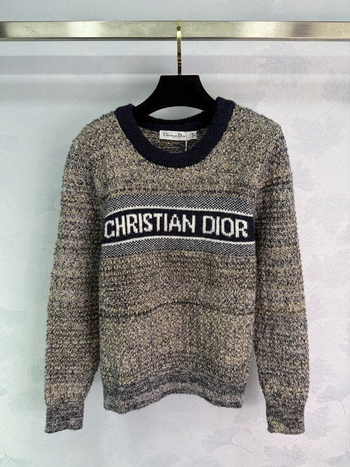 Dior Classic Logo Embroidered Round Neck Sweater with Black Trim