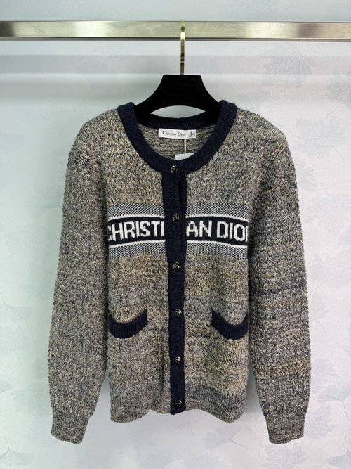 Dior Round Neck Cardigan with Classic Logo Embroidery, Soft and Warm, Versatile Fit