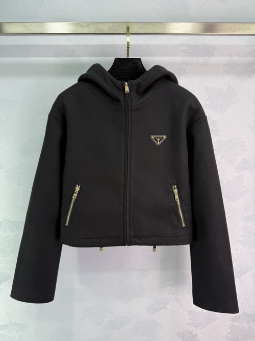 Prada Black Hooded Zip Jacket with Metal Accents, Versatile Design