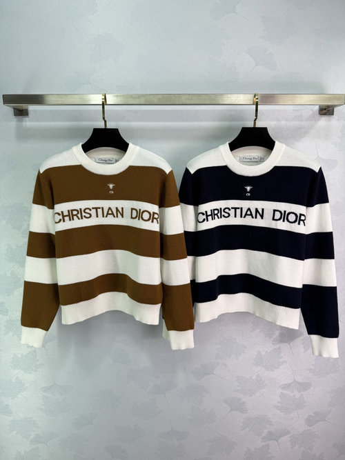 Dior Classic Horizontal Striped Logo Embroidery Knit Sweater