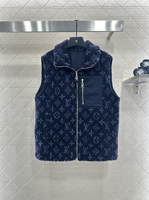 Louis Vuitton Hooded Teddy Lamb Vest with Four - Leaf Clover Jacquard