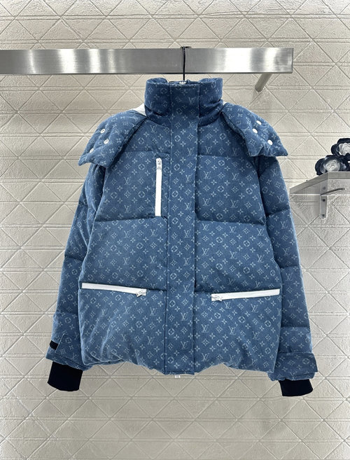 Louis Vuitton Detachable Hooded Laser-Printed Denim Down Jacket with Four-Leaf Clover Pattern