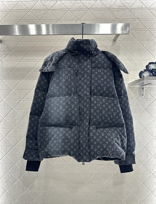 Louis Vuitton Detachable Hooded Laser-Printed Denim Down Jacket with Four-Leaf Clover Design