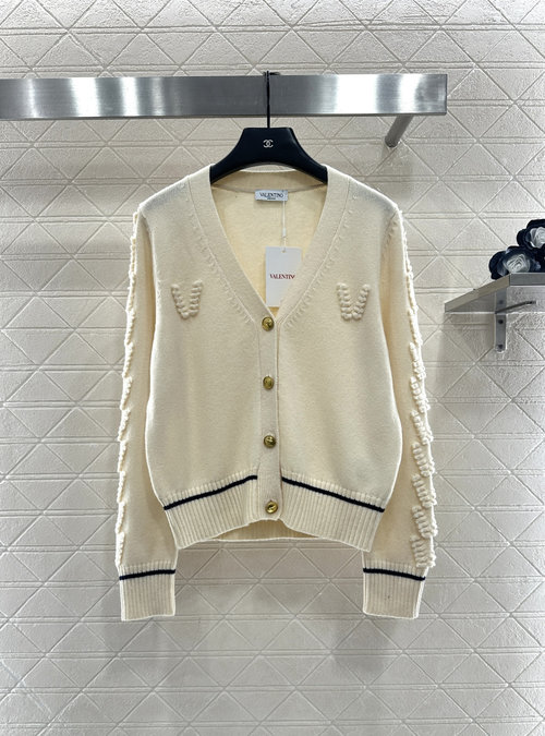 Valentino Stereo Crochet Letter Knit Cardigan with Contrasting Stripes