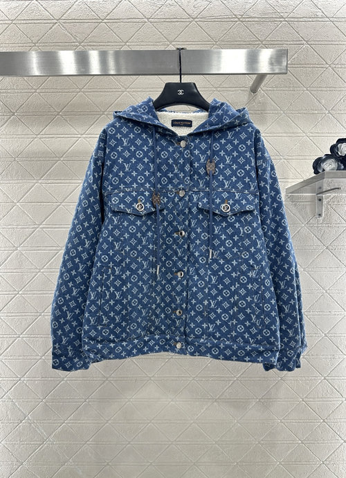 Louis Vuitton Customized Denim Teddy Fur Hooded Jacket and Pants Set