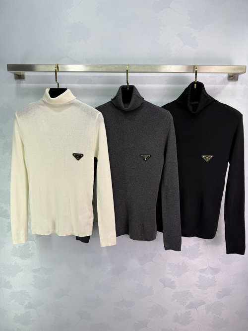 Prada High-Neck Wool Blend Sweater with Triangle Metal Logo
