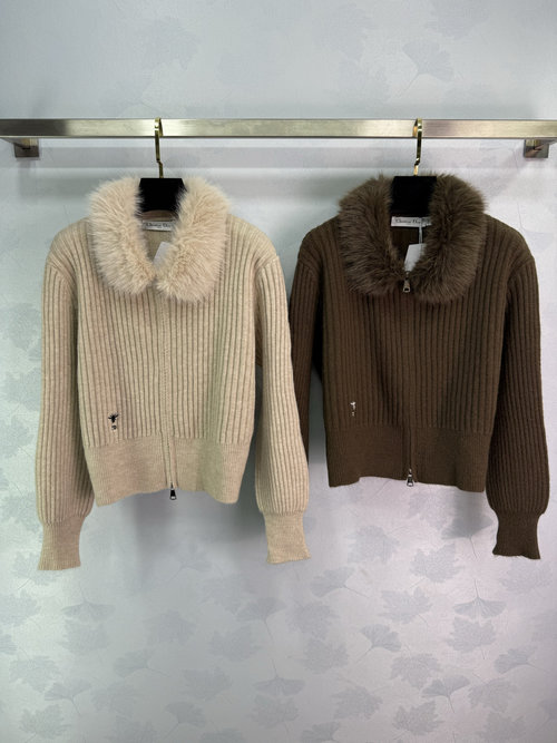 Dior Knit Cardigan with Oversized Faux Fur Collar and Zipper