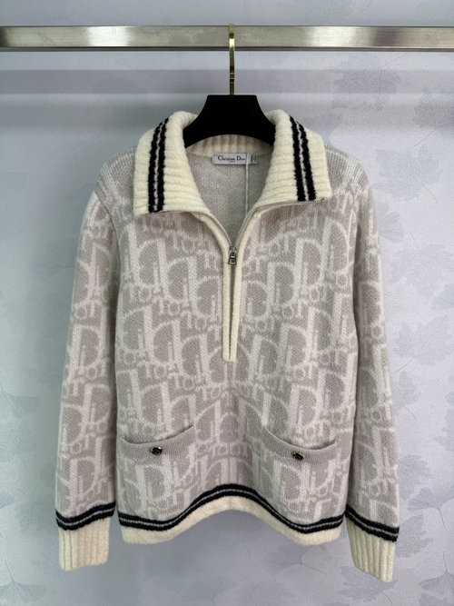 Dior Half-Zip Sweater with Classic Monogram Pattern and Striped Cuffs