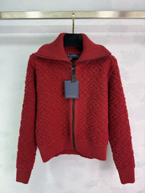 Louis Vuitton Geometric Pattern Red Knit Cardigan with Zipper and Lapel
