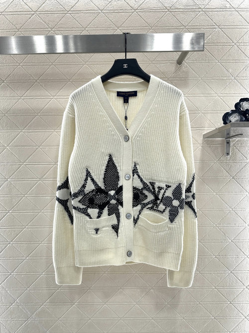 Louis Vuitton Oversized Knit Cardigan with Four-Leaf Clover Embroidery, Artistic Design