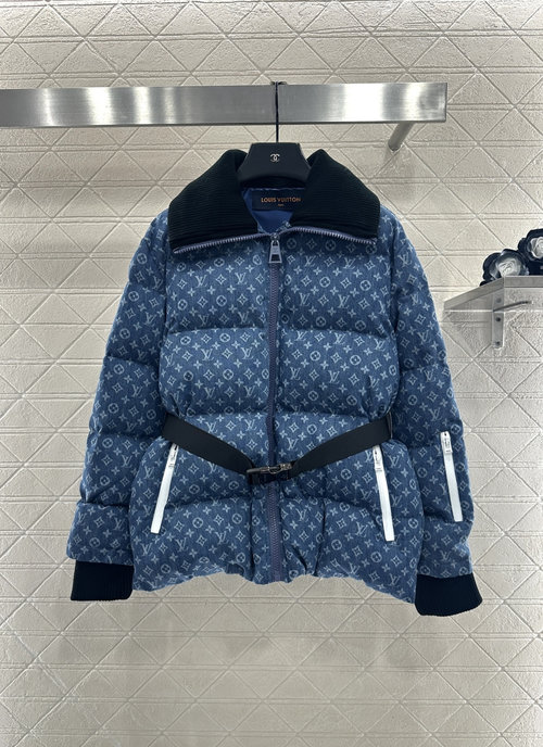 Louis Vuitton Knit Collar Zip-up Denim Down Jacket in Custom Yarn-dyed Fabric