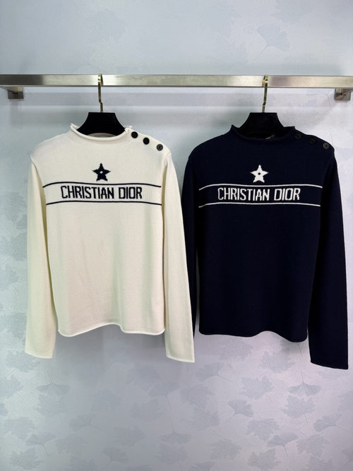 Dior Knit Long-Sleeved Sweater with Star Shoulder Buttons