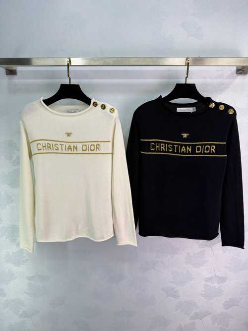 Dior Contrast Collar Knit Sweater with Logo Embroidery and Buckles