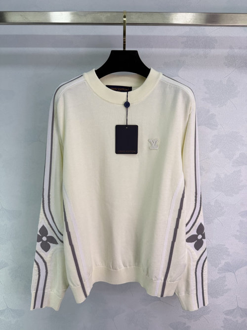 Louis Vuitton Cream Sweater with Gray-Purple Stripes and Monogram Jacquard