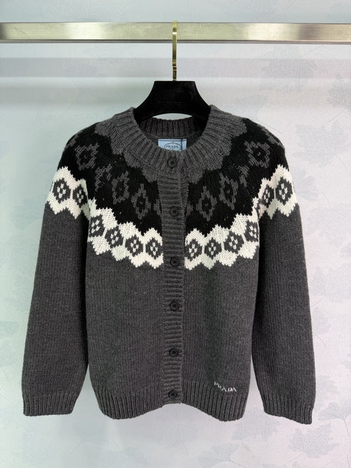 Prada Fair Isle Pattern Knit Cardigan, Soft Wool, Classic College Look