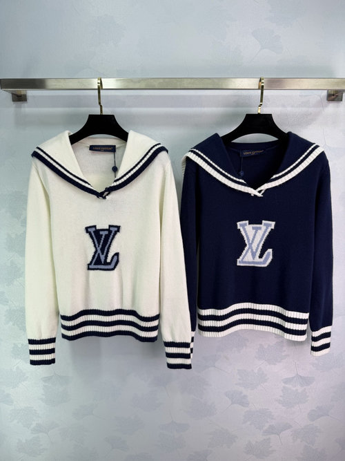 Louis Vuitton Navy Collar Knit Sweater with Contrasting Stripe Details