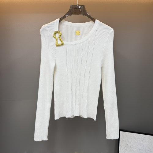 Schiaparelli Pin Brooch Square Neck Sweater in Black, Brown and White