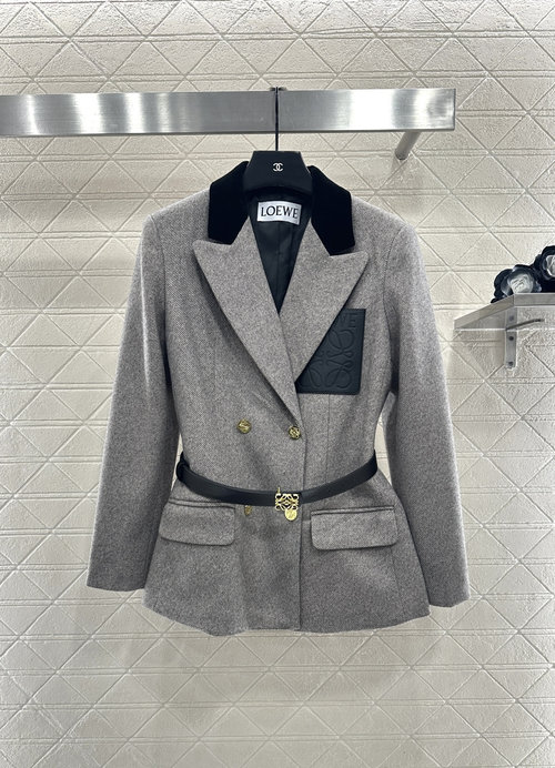Loewe Velvet Collar and Belted Double-Breasted Wool Suit Jacket