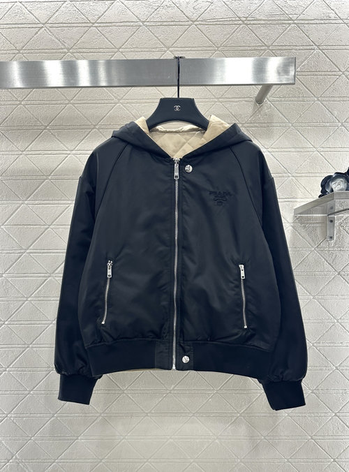 Prada Two-Sided Wearable Hooded Cotton Jacket with Metal Emblem