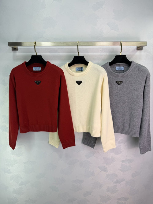 Prada ROUND NECK PULLOVER SWEATER WITH TRIANGLE LOGO AND IMPORTED WOOL FABRIC