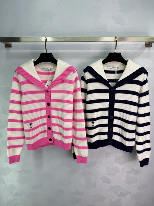 Dior Navy-Style Striped Knit Sweater with Contrast Collar