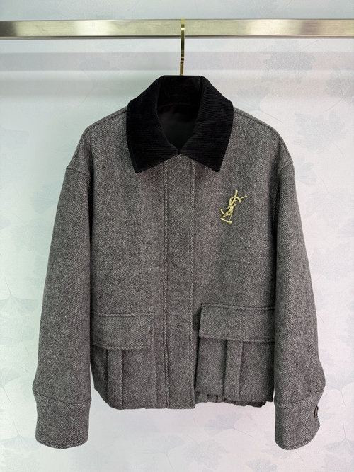 Yves Saint Laurent Grey Woolen Coat with Removable Brooch and Pocket Design