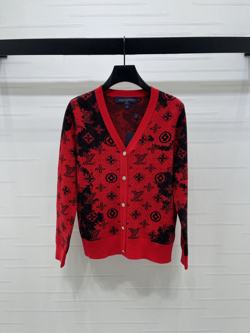 Louis Vuitton Jacquard Logo V-Neck Long-Sleeve Knit Cardigan with Signature Pattern