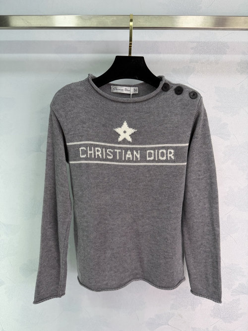 Dior Star-Button Round Neck Sweater with Horizontal Logo Jacquard