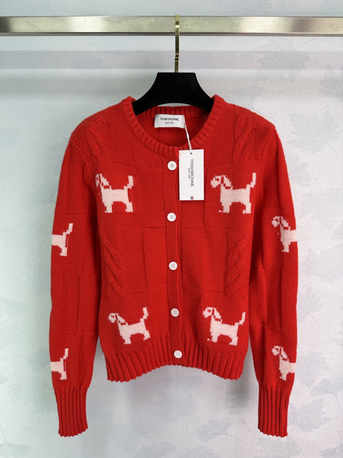 Thom Browne Red Knitted Cardigan with White Dachshund Pattern, a Stylish Design