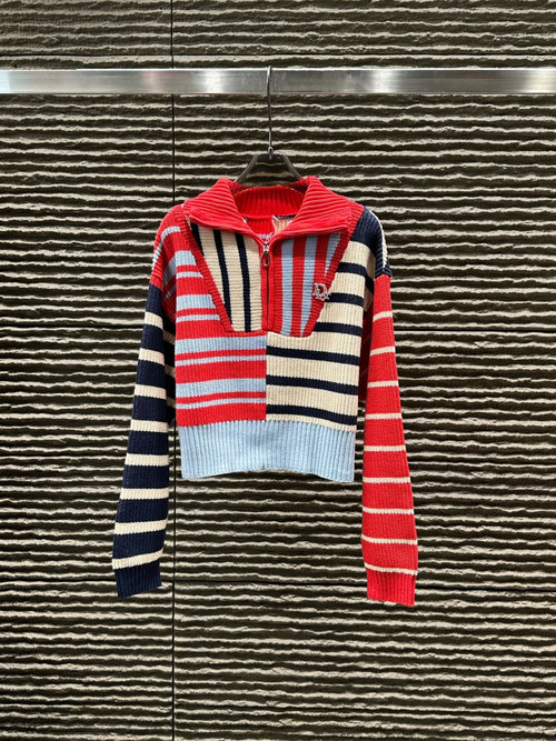 Dior Irregular Striped Color - Blocked Cardigan with Brooch