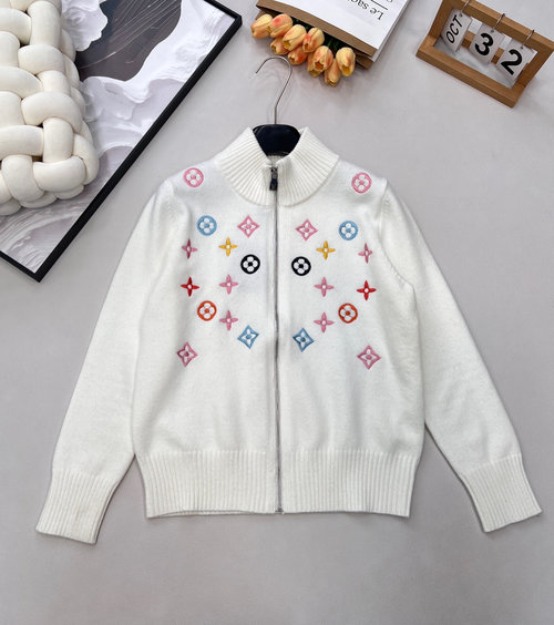 Louis Vuitton Elegant Colorful Embroidered Knitted Zipper Jacket with Wool Yarn