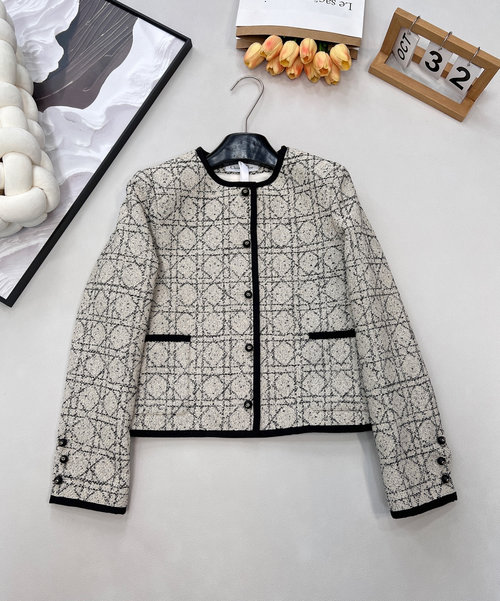 Dior Classic Boxy Collarless Blazer with Herringbone Pattern and H Shape for a Timeless Look