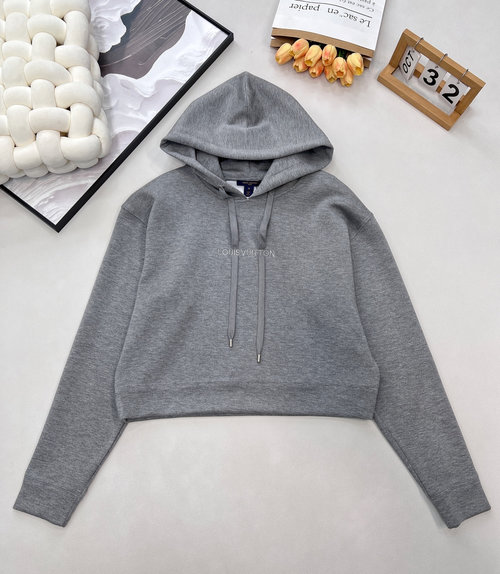 Louis Vuitton Letter Embroidery Hooded Short Sweatshirt in Comfortable Cotton for a Classic Appeal