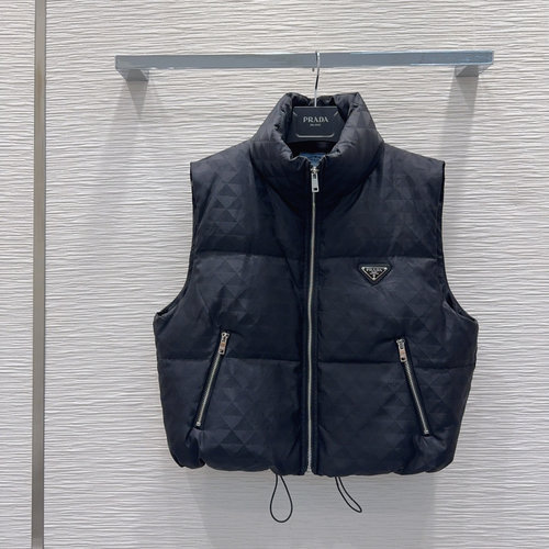 Prada Triangle Jacquard Fabric Vest with Drawstring Waist and 90% Goose Down