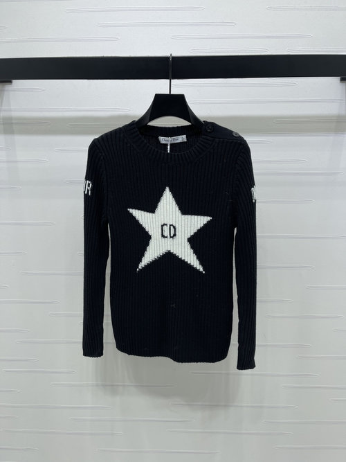 Dior Premium Wool Knit Long-Sleeve Sweater with Star Embellishments