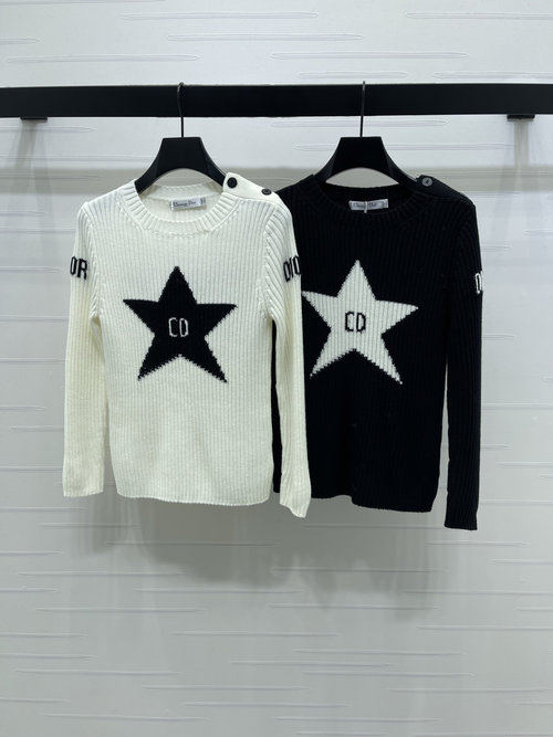 Dior Premium Wool Knit Long-Sleeve Sweater with Star Embellishments